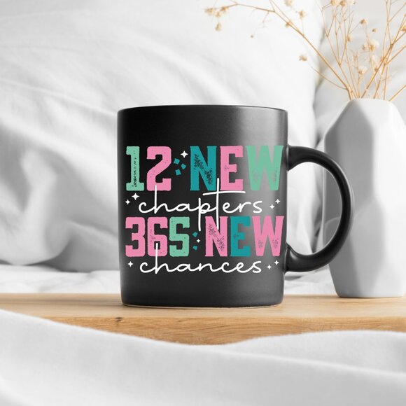 12 New Chapters, 365 New Chances Mug - Black Ceramic, Inspirational Quote - Picture 2 of 4
